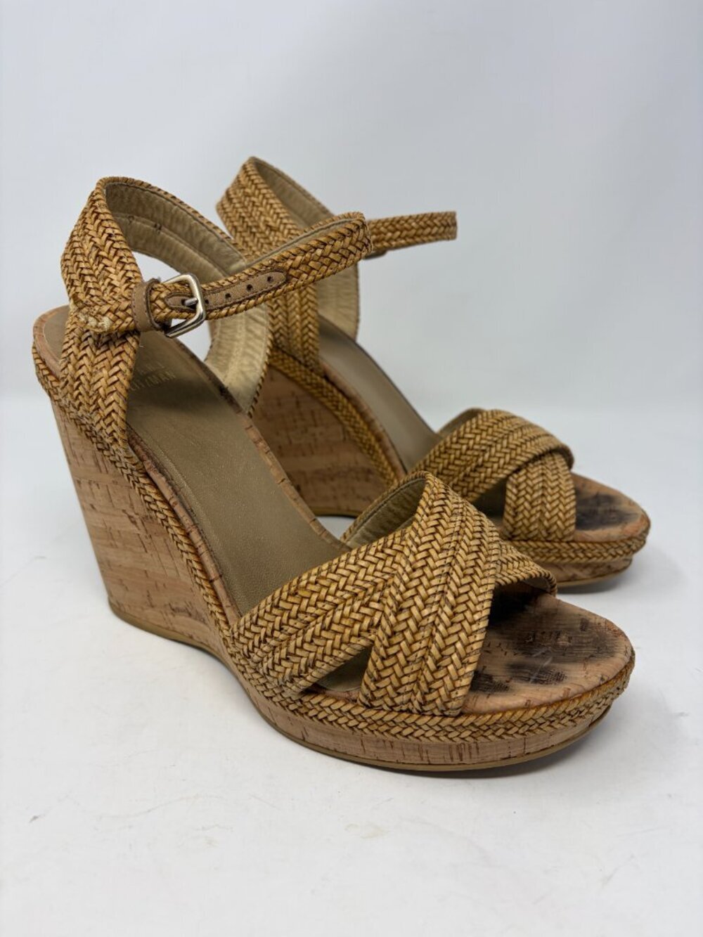 Stuart Weitzman Minx espadrille wedge sandals 9 cork straw ankle strap heeled - Picture 6 of 14